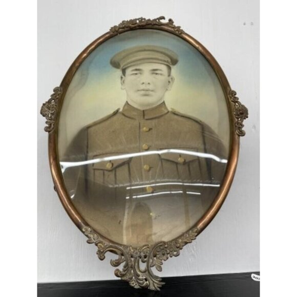 Pre War/WW1 Soldier Portrait In Victorian Ornate Convex Bubble Glass Frame 16x25 - Picture 1 of 6